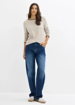bonprix bonprix Jersey de punto fino de mezcla de algodón gris piedra-azul marino
