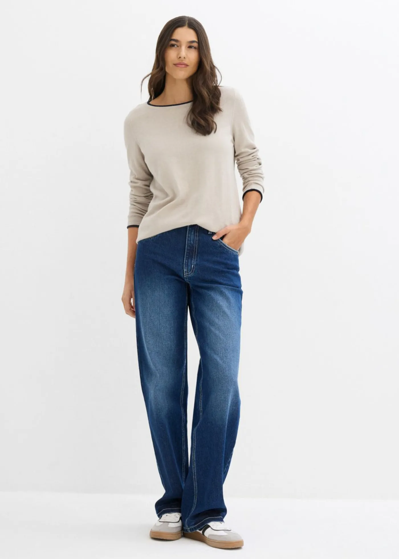 bonprix bonprix Jersey de punto fino de mezcla de algodón gris piedra-azul marino