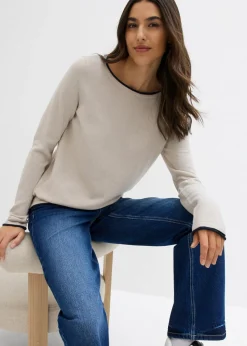 bonprix bonprix Jersey de punto fino de mezcla de algodón gris piedra-azul marino