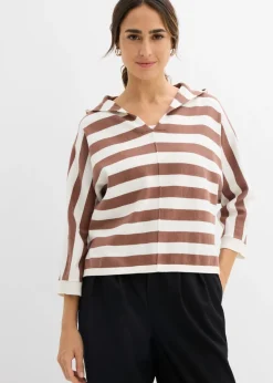 bonprix bonprix Jersey de punto fino oversize de mezcla de algodón blanco perla-marrón castaño con rayas Outlet