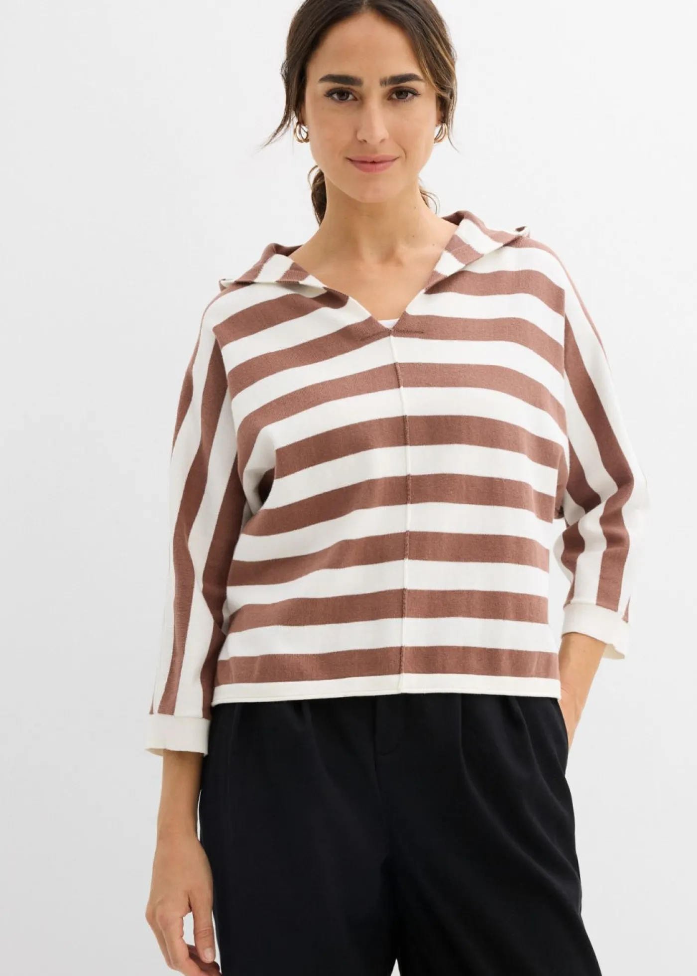 bonprix bonprix Jersey de punto fino oversize de mezcla de algodón blanco perla-marrón castaño con rayas Outlet