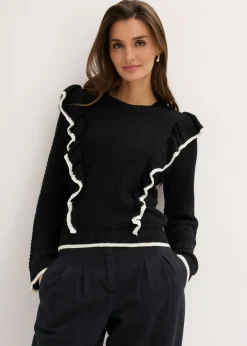 bonprix bonprix Jersey de punto fino y mezcla de algodón Negro-blanco lana New