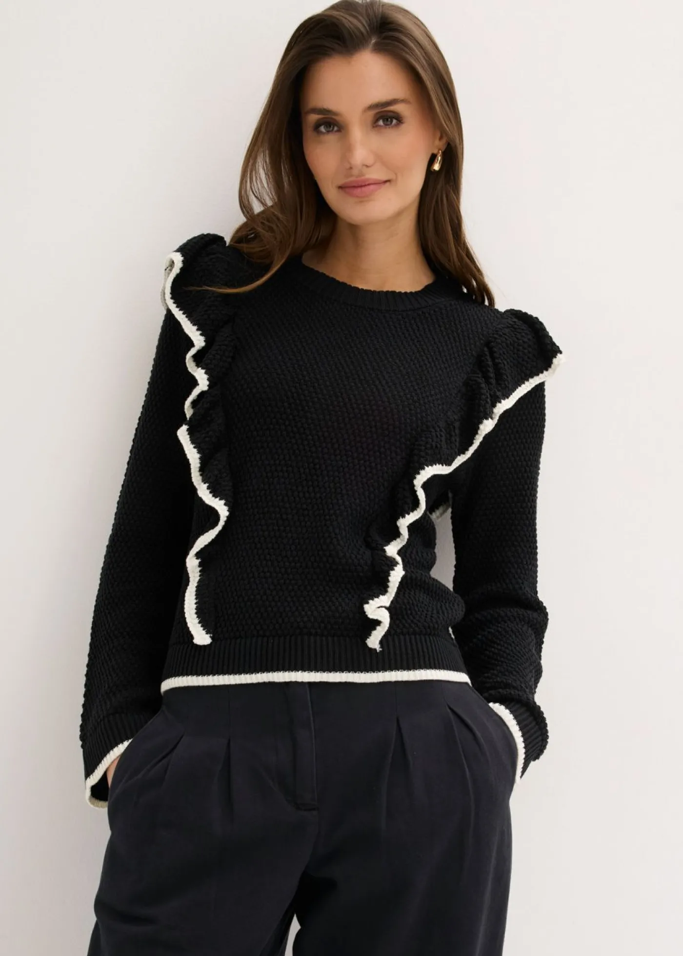 bonprix bonprix Jersey de punto fino y mezcla de algodón Negro-blanco lana New