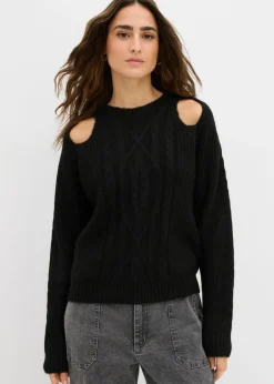 bonprix bonprix Jersey de punto grueso con patrón trenzado Negro