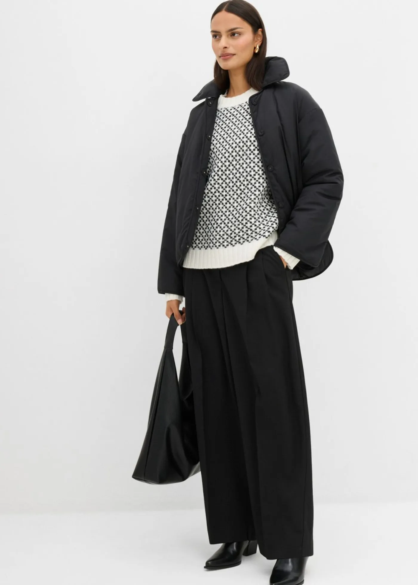 bonprix bonprix Jersey de punto grueso con mezcla de lana Negro-blanco lana Outlet