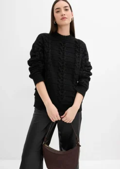 bonprix bonprix Jersey de punto grueso con patrón trenzado Negro