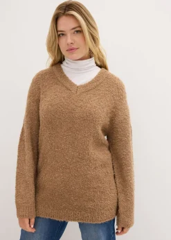 bonprix bonprix Jersey de punto grueso con escote en V Camel Sale