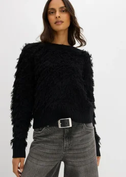 bonprix bonprix Jersey de punto grueso con flecos Negro Sale