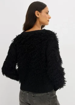 bonprix bonprix Jersey de punto grueso con flecos Negro Sale