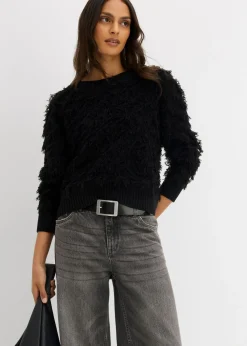 bonprix bonprix Jersey de punto grueso con flecos Negro Sale