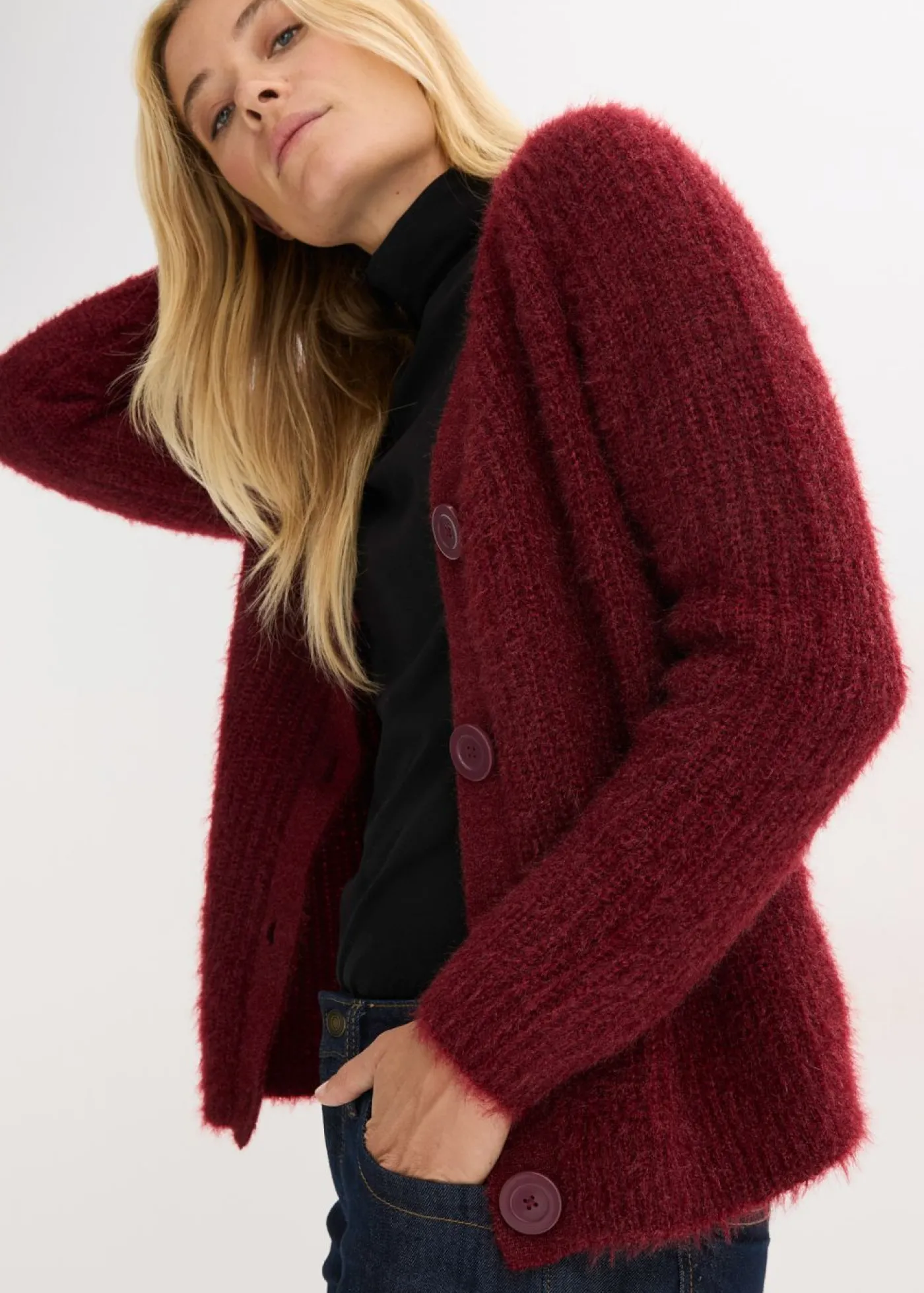 bonprix bonprix Jersey de punto grueso de canalé con efecto brillante Rojo rubí Discount
