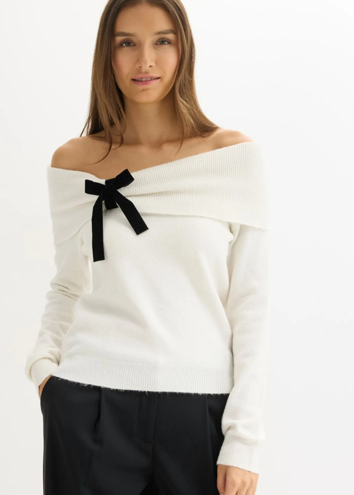 bonprix bonprix Jersey holgado con escote bañera Blanco lana
