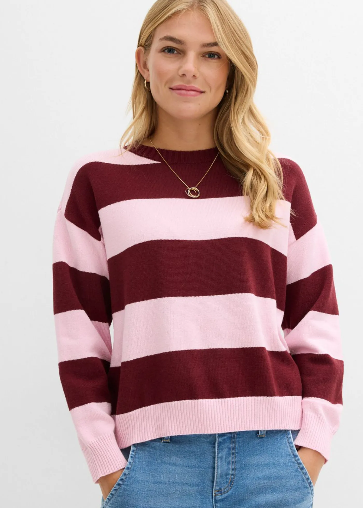 bonprix bonprix Jersey holgado de mezcla de viscosa suave rosa cristal-rojo rubí con rayas Hot