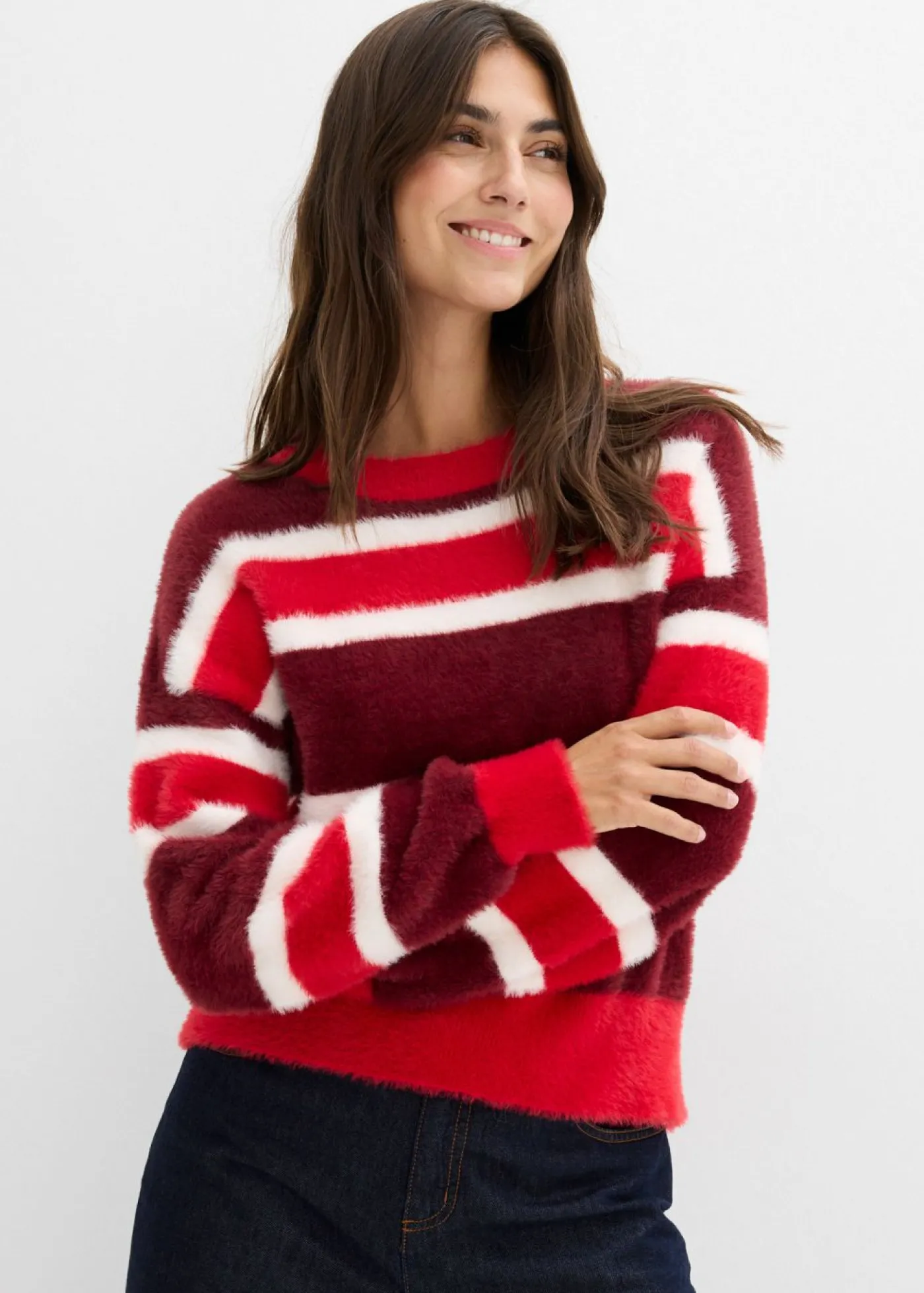 bonprix bonprix Jersey holgado de punto rojo rubí-rojo-blanco lana con rayas