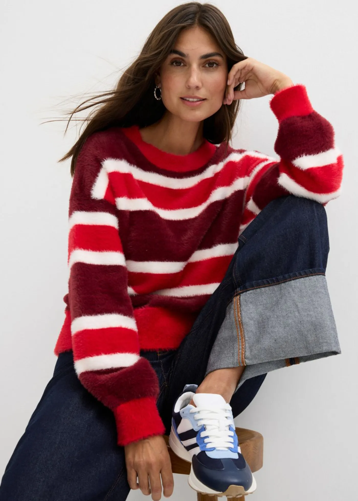 bonprix bonprix Jersey holgado de punto rojo rubí-rojo-blanco lana con rayas