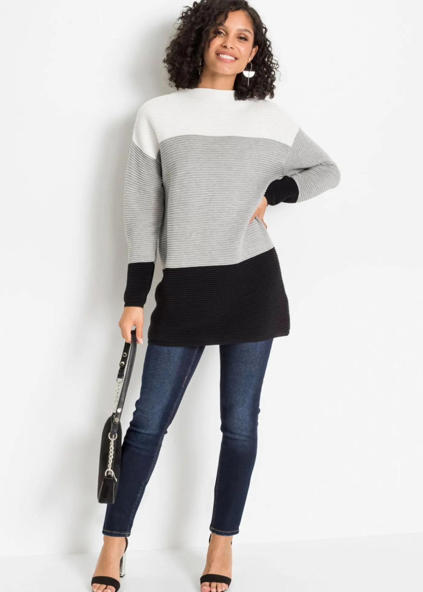 bonprix bonprix Jersey largo a rayas blanco lana/gris/negro Hot