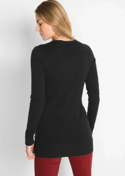 bonprix bonprix Jersey largo básico, de punto fino, con escote en V Negro Sale