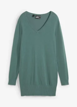 bonprix bonprix Jersey largo básico, de punto fino, con escote en V Verde grisáceo Best