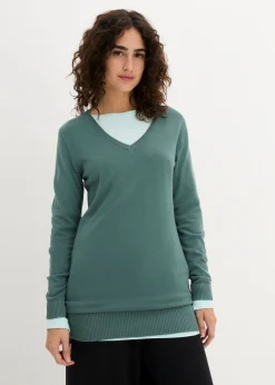 bonprix bonprix Jersey largo básico, de punto fino, con escote en V Verde grisáceo Best