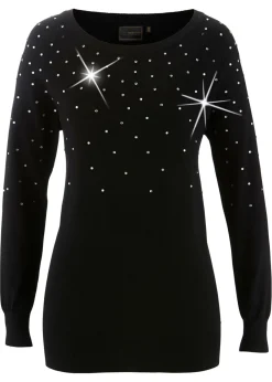 bonprix bonprix Jersey largo con piedras brillantes Negro-plateado Clearance