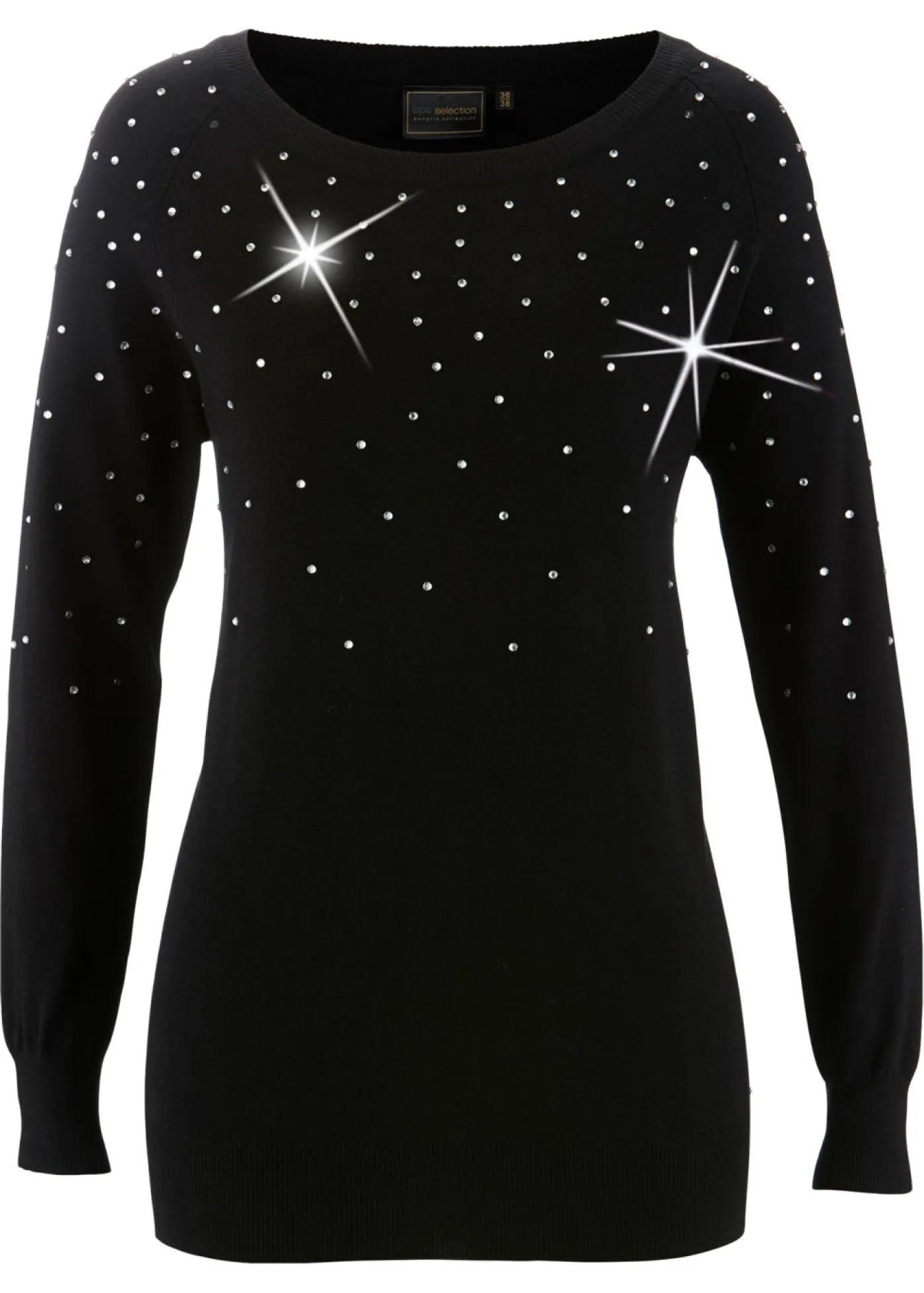 bonprix bonprix Jersey largo con piedras brillantes Negro-plateado Clearance