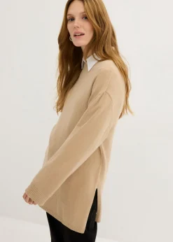 bonprix bonprix Jersey largo de punto fino con aberturas laterales en mezcla de viscosa beige pardo moteado Discount