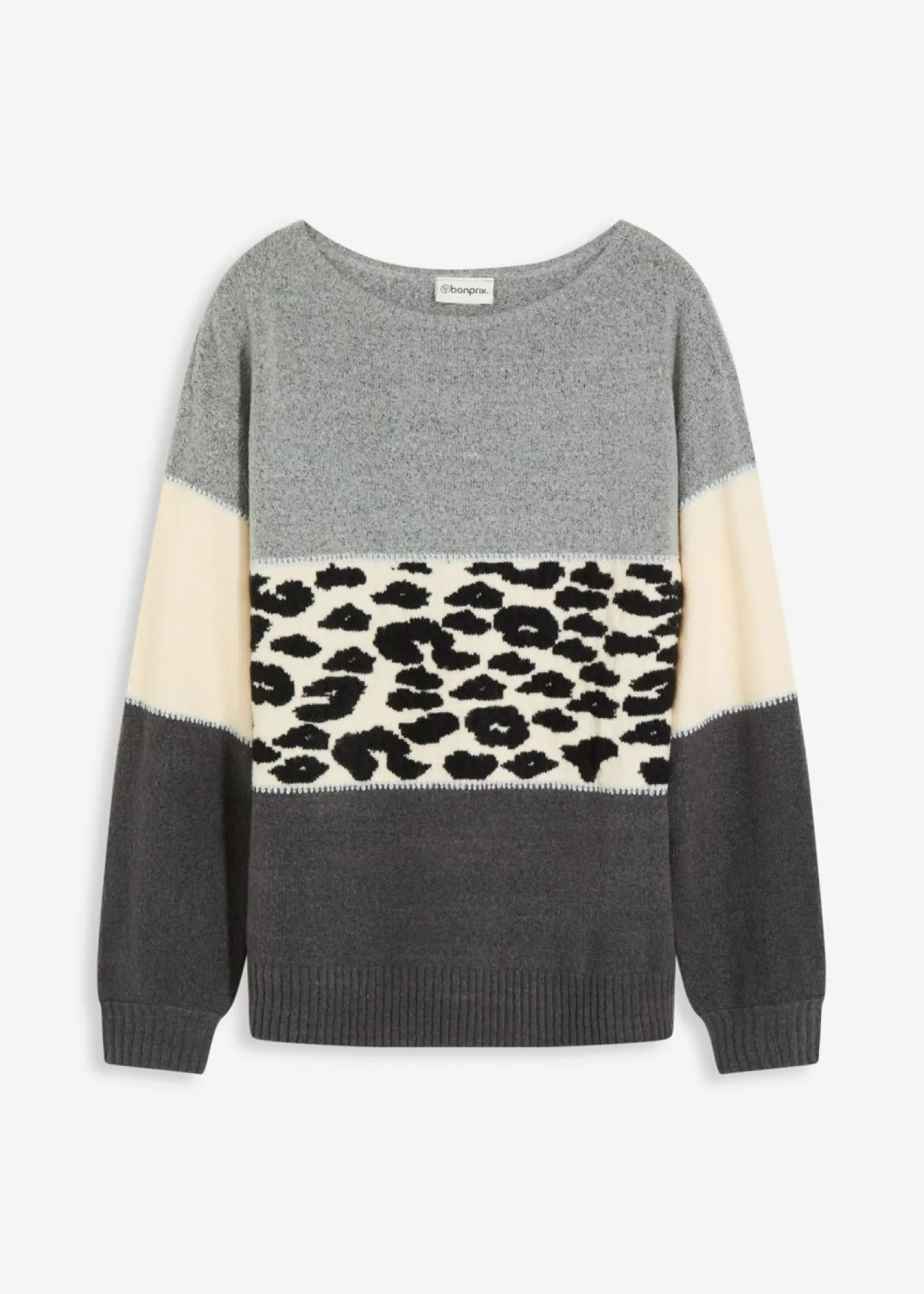 bonprix bonprix Jersey oversize Gris jaspeado/antracita con estampado de leopardo Online