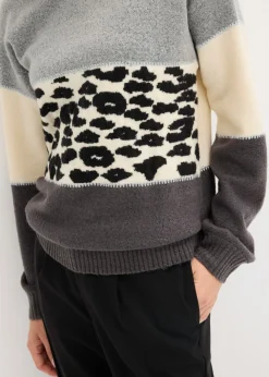 bonprix bonprix Jersey oversize Gris jaspeado/antracita con estampado de leopardo Online