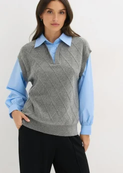 bonprix bonprix Jersey sin mangas con inserto de blusa y contenido de algodón gris jaspeado-azul claro Outlet