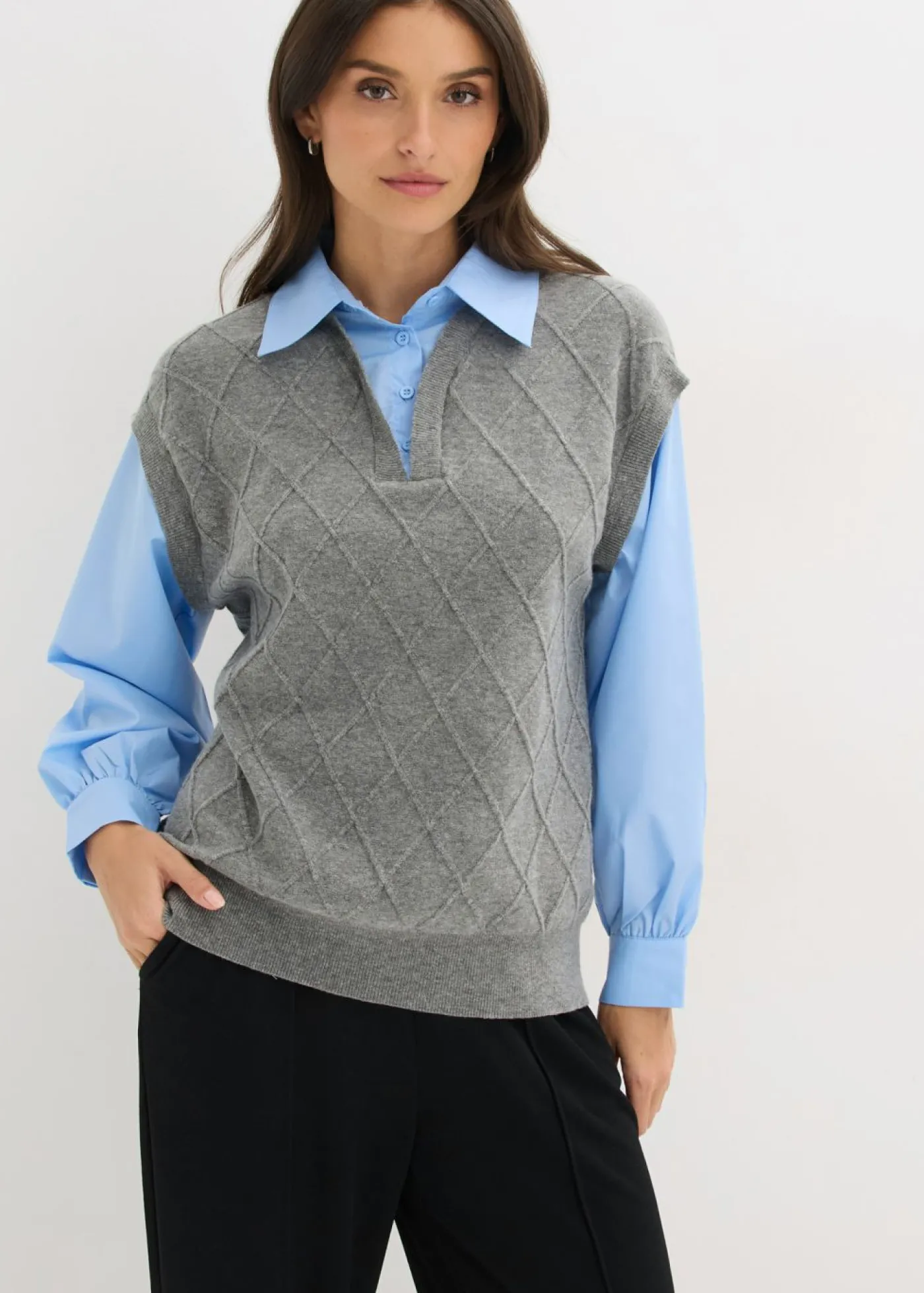 bonprix bonprix Jersey sin mangas con inserto de blusa y contenido de algodón gris jaspeado-azul claro Outlet