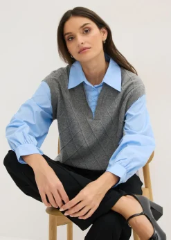bonprix bonprix Jersey sin mangas con inserto de blusa y contenido de algodón gris jaspeado-azul claro Outlet