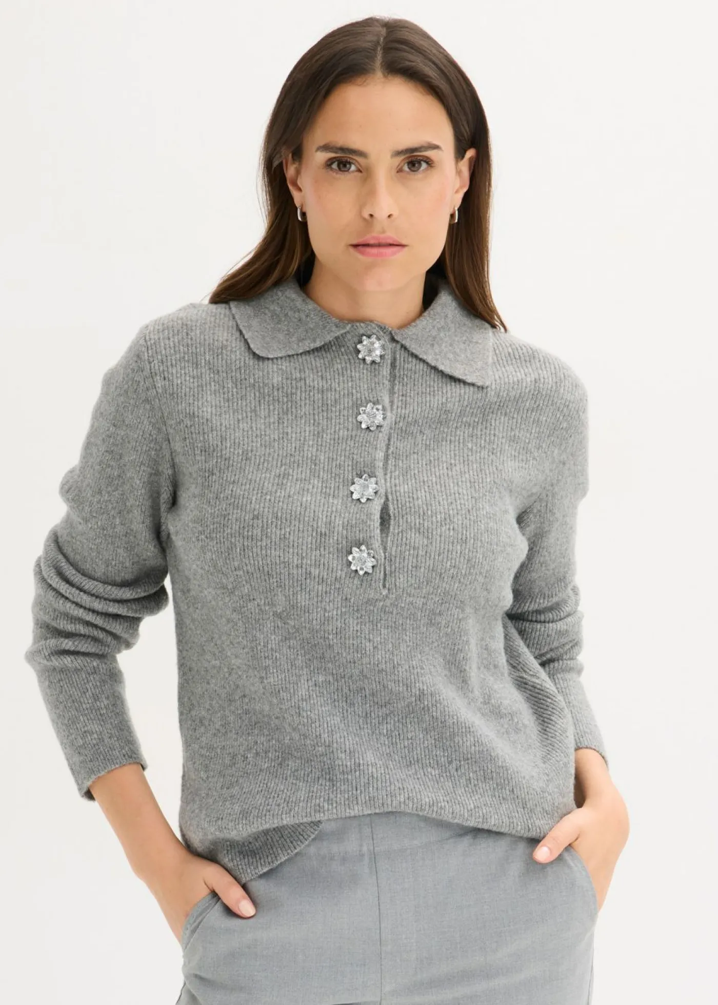 bonprix bonprix Jersey tipo polo con contenido de lana Gris jaspeado Sale