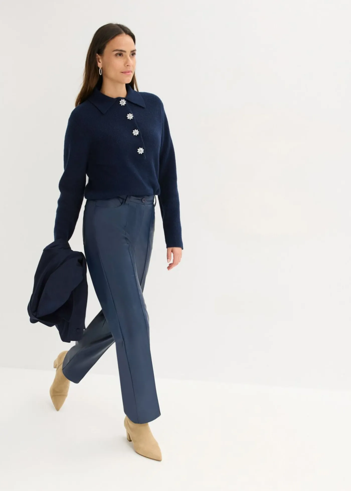 bonprix bonprix Jersey tipo polo con contenido de lana Azul marino Discount