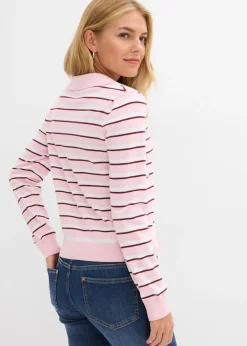bonprix bonprix Jersey tipo polo de mezcla de algodón blanco/rosa cristal/rojo rubí con rayas Online