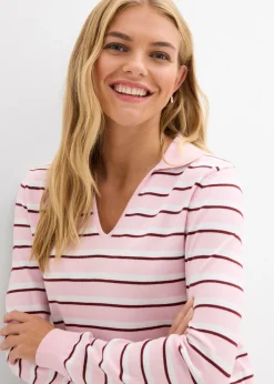 bonprix bonprix Jersey tipo polo de mezcla de algodón blanco/rosa cristal/rojo rubí con rayas Online