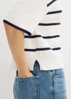 bonprix bonprix Jersey tipo troyer con contenido de algodón Blanco-azul marino con rayas