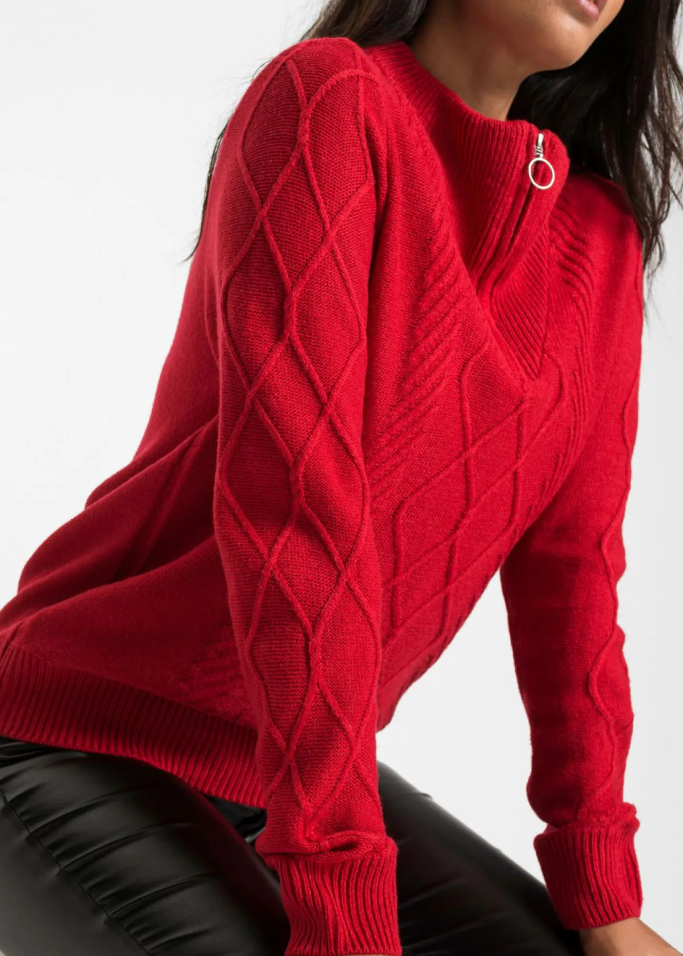 bonprix bonprix Jersey troyer con patrón trenzado rojo intenso Online
