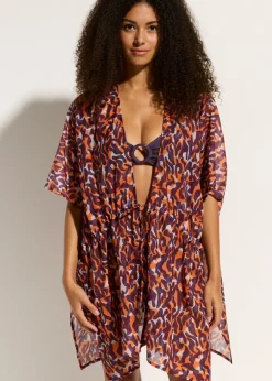 bonprix bonprix Kimono de playa con detalle de cordón estampado leo púrpura-marrón claro Discount
