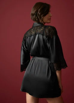 bonprix bonprix Kimono de satén con efecto brillante Negro Online