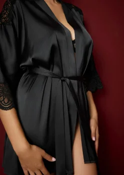 bonprix bonprix Kimono de satén con efecto brillante Negro Online