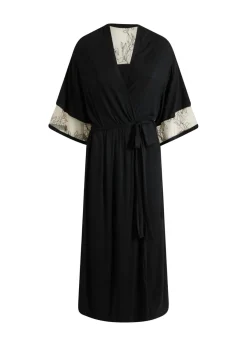 bonprix bonprix Kimono largo de viscosa con bordado Negro + beige tiza Hot
