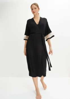 bonprix bonprix Kimono largo de viscosa con bordado Negro + beige tiza Hot