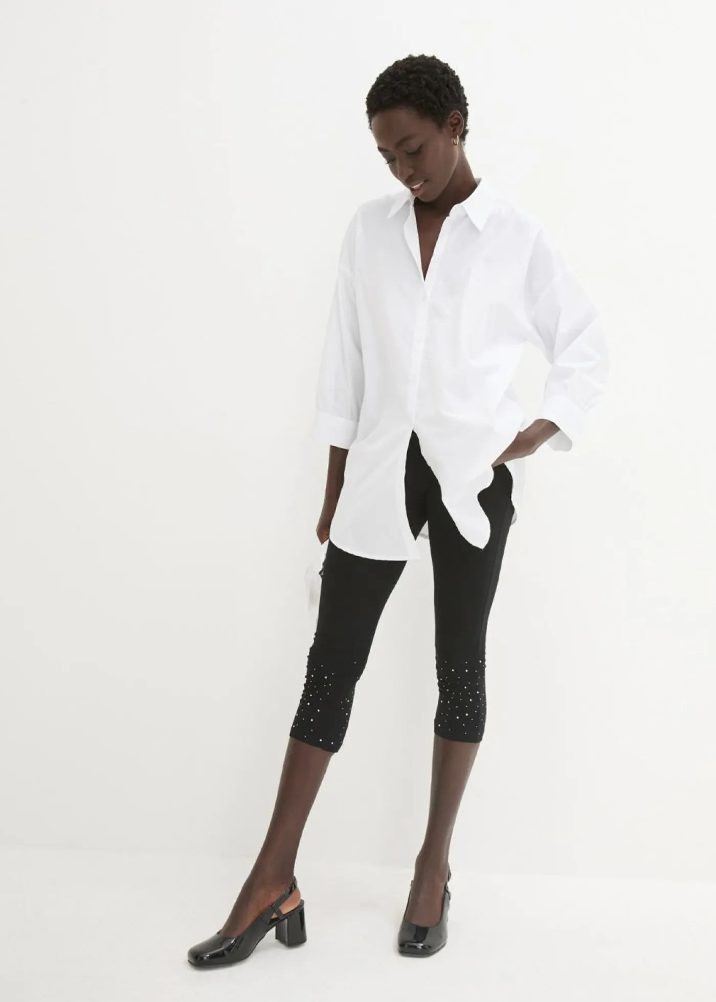 bonprix bonprix Leggings capri de mezcla de algodón Negro-plata Online