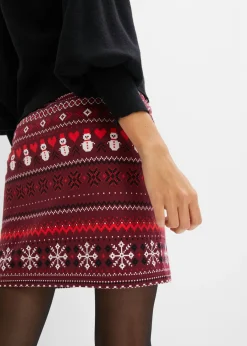 bonprix bonprix Minifalda con patrón noruego de mezcla de algodón y elastano Rojo avellana-fresa-negro-blanco lana con patrón nórdico Hot