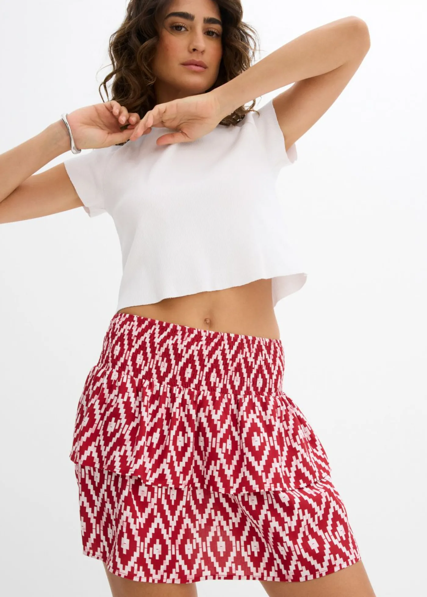 bonprix bonprix Minifalda de viscosa fluida Rojo-blanco con estampado gráfico Discount