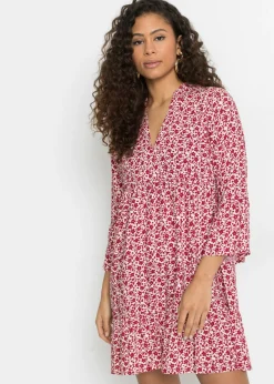 bonprix bonprix Minivestido de viscosa fluida con volantes Blanco-rojo de flores Online