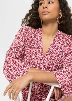bonprix bonprix Minivestido de viscosa fluida con volantes Blanco-rojo de flores Online