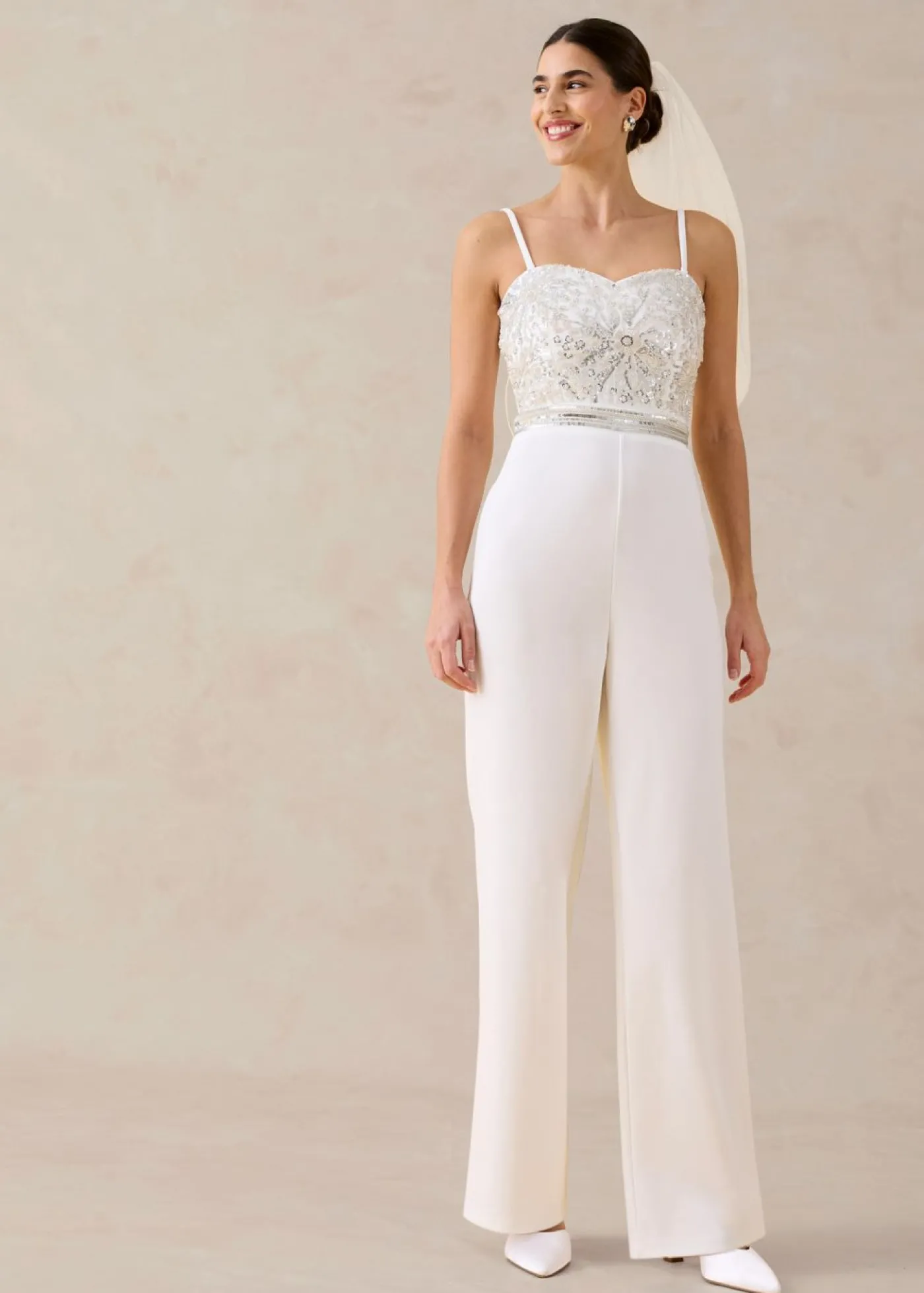 bonprix bonprix Mono de crepé estructurado con bordado de perlas Blanco lana Online