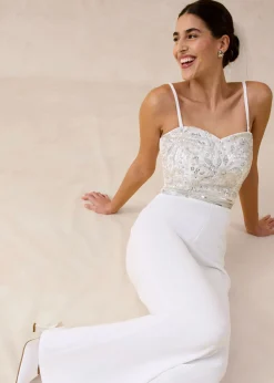 bonprix bonprix Mono de crepé estructurado con bordado de perlas Blanco lana Online