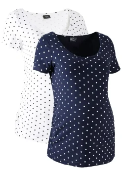 bonprix bonprix Pack de 2 camisetas premamá de algodón orgánico blanco+azul marino topos Sale